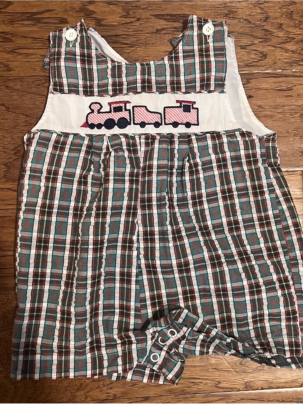 Plaid Train Appliqué One-Piece Romper - Green & Red